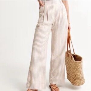 Abercrombie & Fitch Cream and Tan Striped Linen Blend Wide Leg Pant